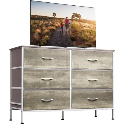 Wide Dresser with 6 Drawers, TV Stand for 50" TV, Entertainment Center with Metal Frame, Wooden Top, Fabric Storage Dresser for