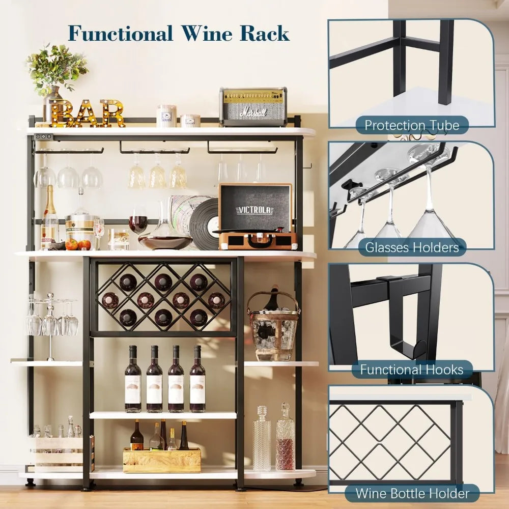 Wine Rack with LED Light, Bar Table Cabinet with Glass Holder, Freestanding Coffee Bar Storage Shelves, 5-Tier Liquor Cabinet