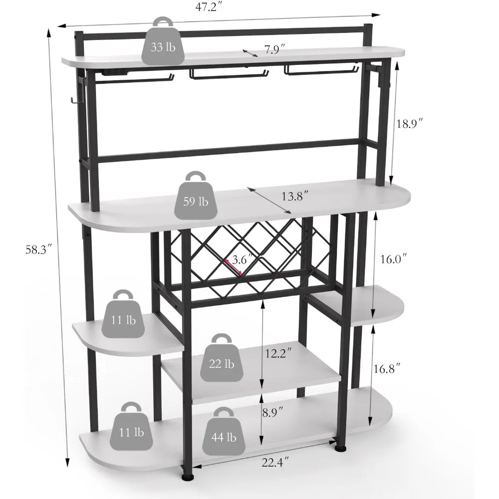 Wine Rack with LED Light, Bar Table Cabinet with Glass Holder, Freestanding Coffee Bar Storage Shelves, 5-Tier Liquor Cabinet