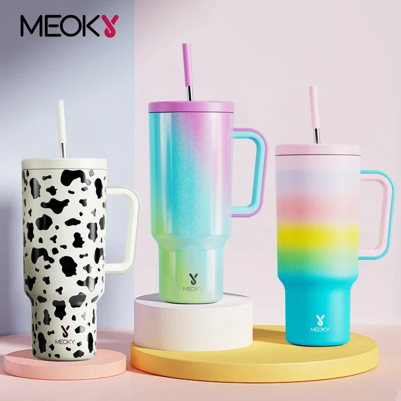 Meoky 40oz Tumbler Handle Straw Thermos Cup Multiple Prints Stainless Steel Bottle Vacuum Insulated Car Mug Best Christmas Gifts