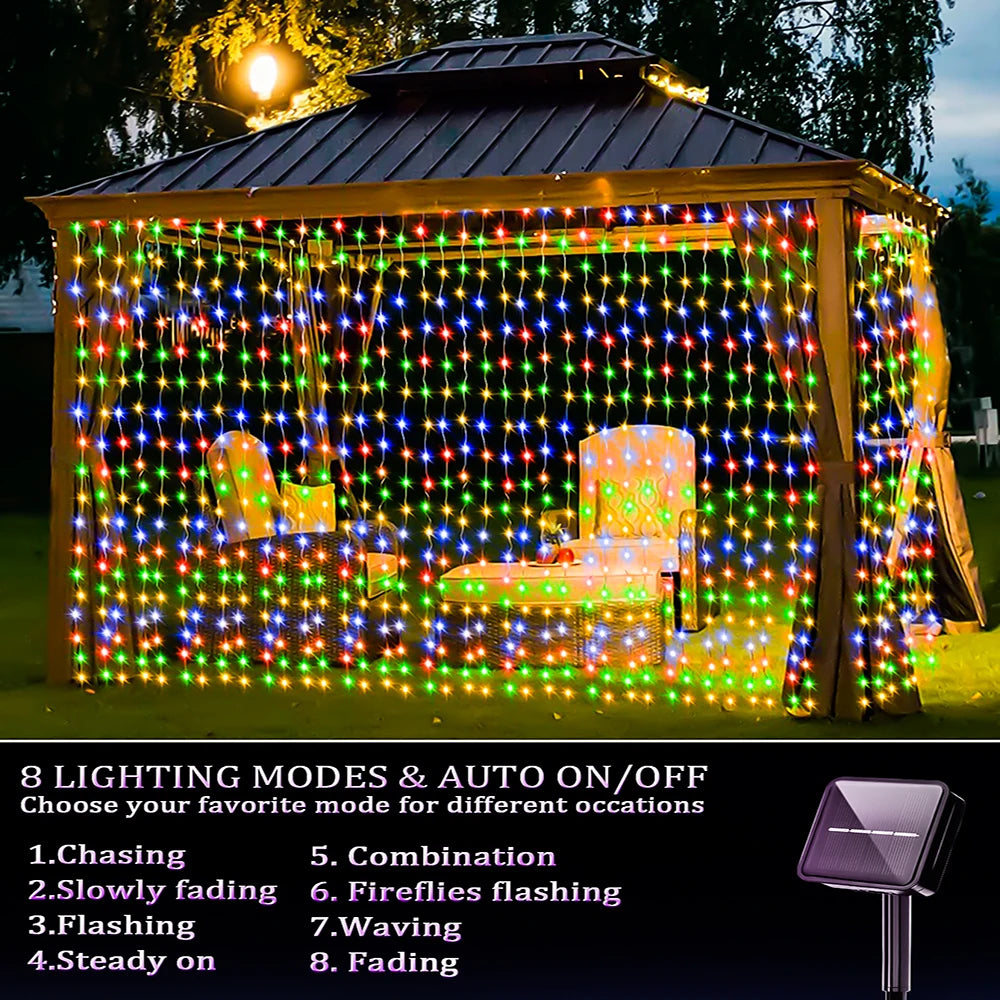 Solar Curtain String Lights 8 Lighting Modes 300Leds Outdoor Garden Yard