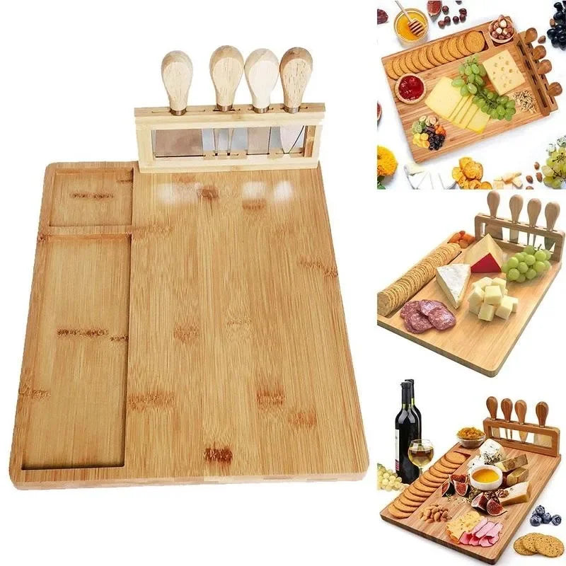 Bamboo Cheese Board with Cheese Knife, Fork, and Scoop