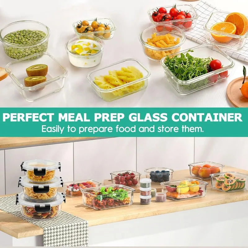 34pcs Glass Food Storage Containers with Lids Set, Airtight Glass Meal Prep Containers ,Leak Proof Lunch Containers BPA-Free