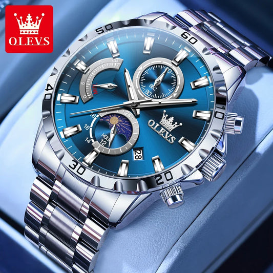 OLEVS 2953 Exclusive Design Men's Watches Full Stainless steel Moon Phase Waterproof Chronograph Quartz Watch for Men Genuine