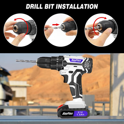 21V Portable Cordless Power Drill Set Impact Screw Driver with 1500mAh Li-Ion Rechargeable Battery 25+1 Torque Setting 45N.m