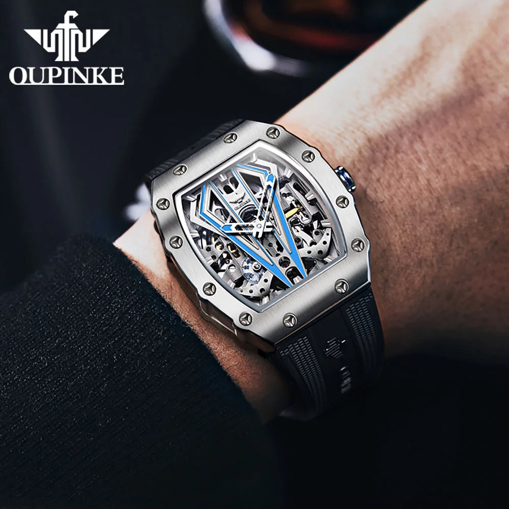 OUPINKE Men's Watches Top Brand Skeleton Tonneau Automatic Mechanical Original Watch for Man 50m Waterproof Luminous Sapphire