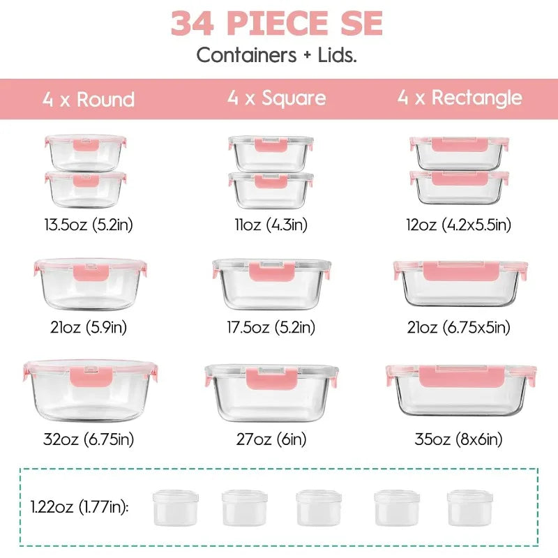 34pcs Glass Food Storage Containers with Lids Set, Airtight Glass Meal Prep Containers ,Leak Proof Lunch Containers BPA-Free