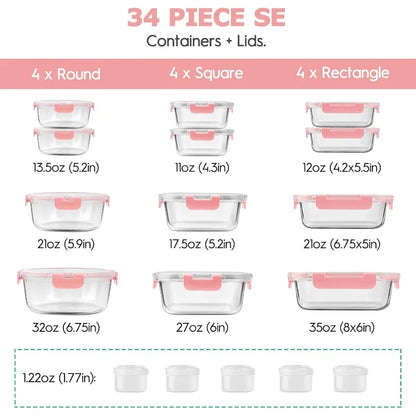 34pcs Glass Food Storage Containers with Lids Set, Airtight Glass Meal Prep Containers ,Leak Proof Lunch Containers BPA-Free