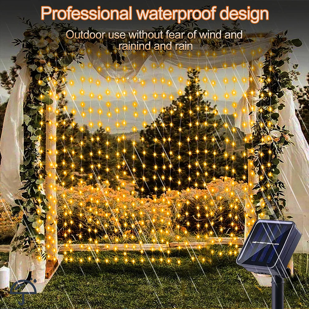 Solar Curtain String Lights 8 Lighting Modes 300Leds Outdoor Garden Yard