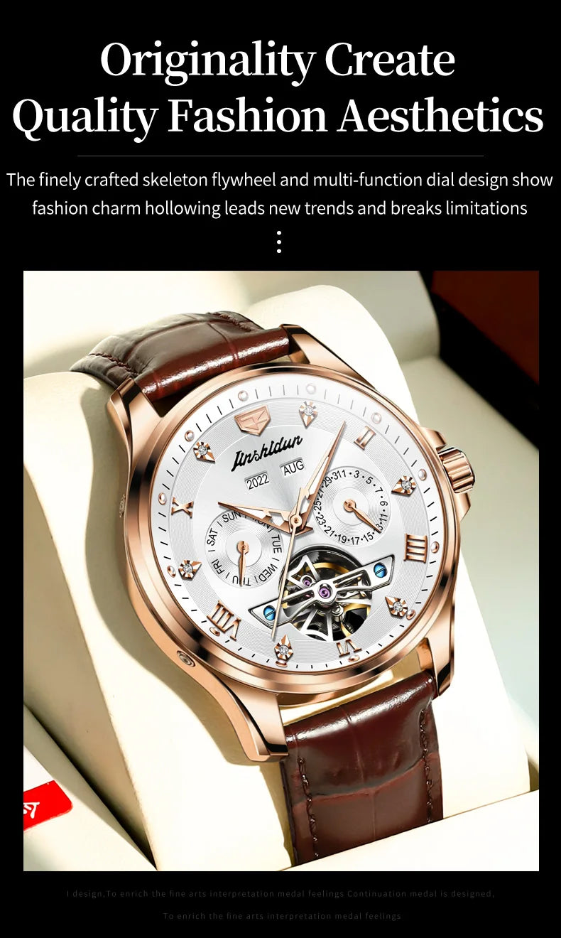 JSDUN Luxury Men's Watches Top Brand Automatic Mechanical Wrist Watch for Man Waterproof Leather Strap Luminous Business Dress