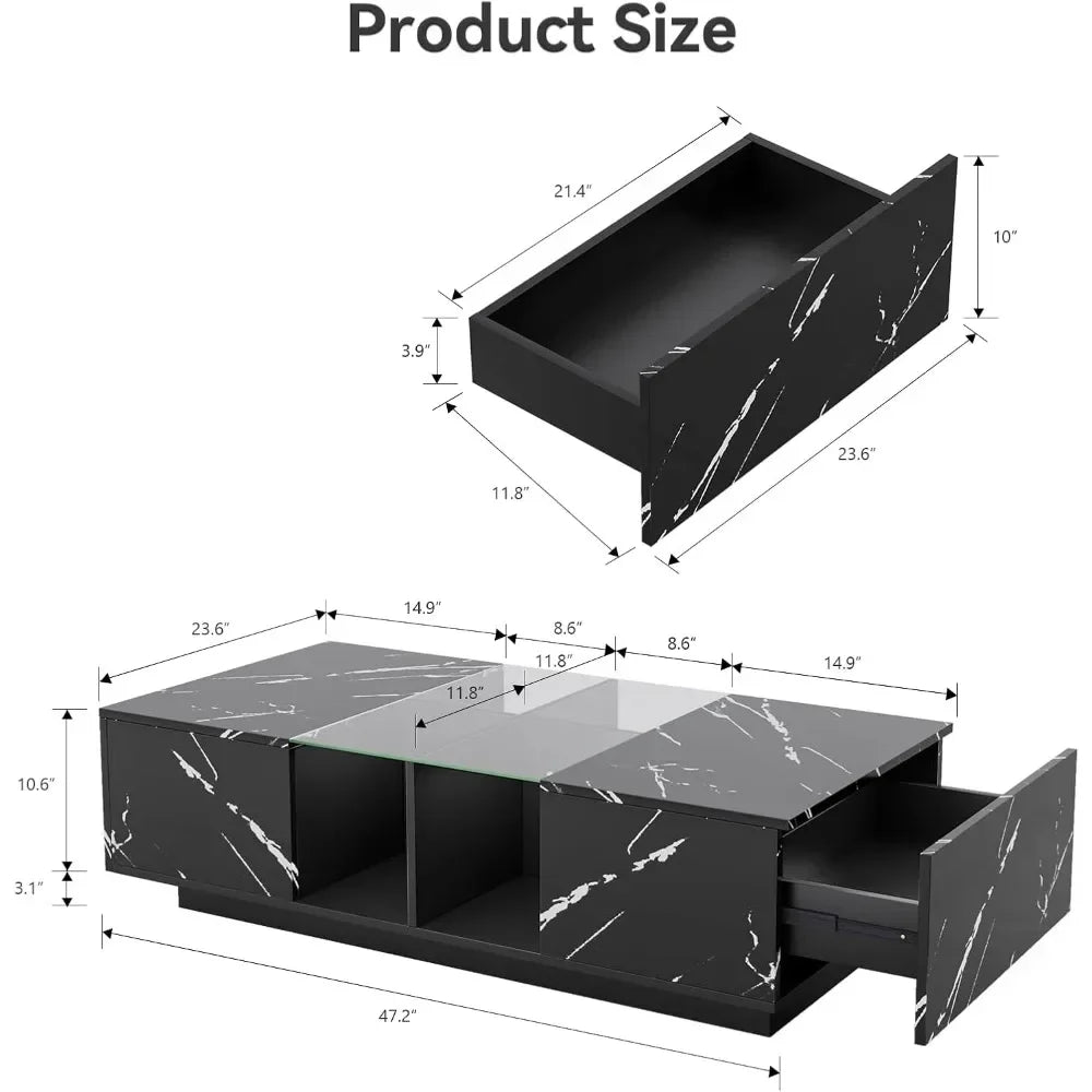 LED Rectangular Wood Coffee Table, Display Shelf & Large Sliding Drawers