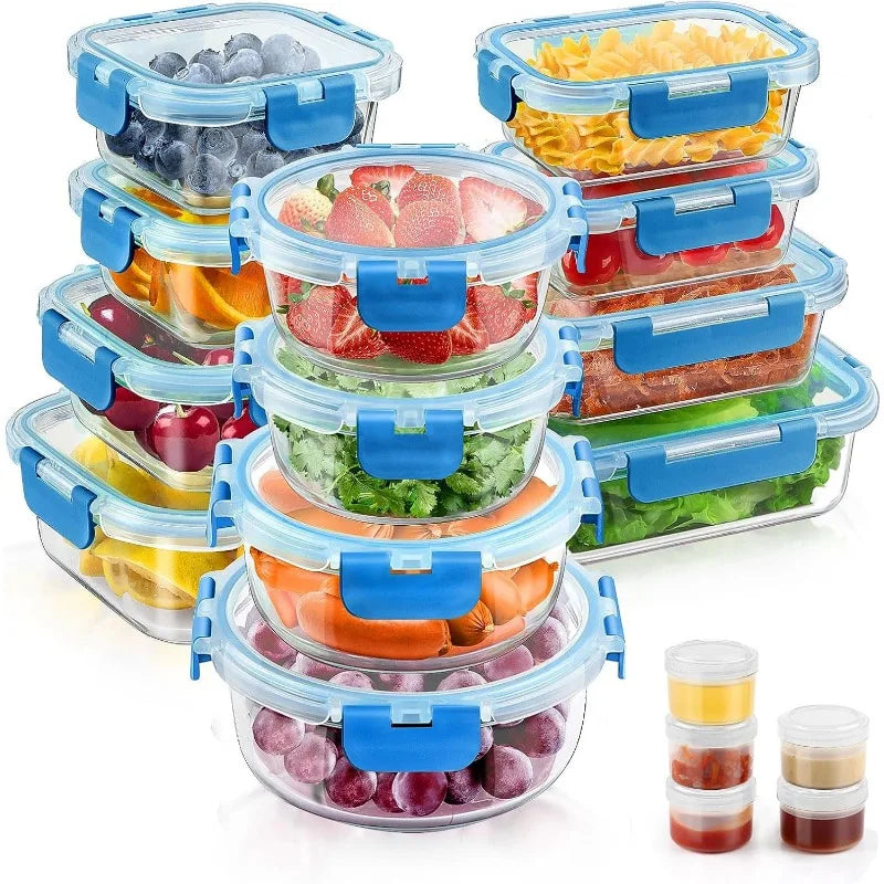 34pcs Glass Food Storage Containers with Lids Set, Airtight Glass Meal Prep Containers ,Leak Proof Lunch Containers BPA-Free