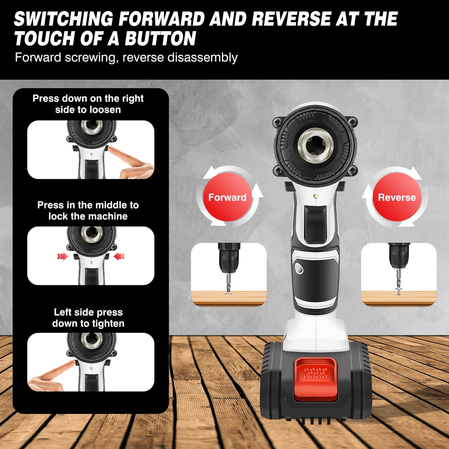 21V Portable Cordless Power Drill Set Impact Screw Driver with 1500mAh Li-Ion Rechargeable Battery 25+1 Torque Setting 45N.m