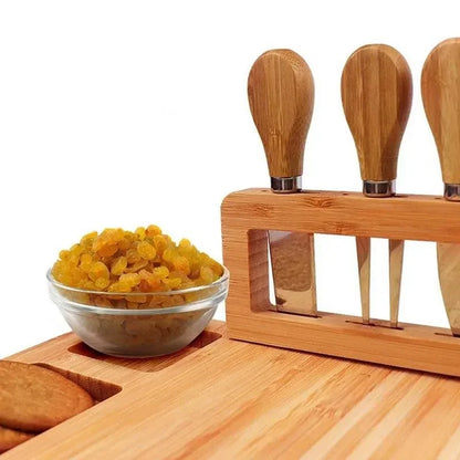 Bamboo Cheese Board with Cheese Knife, Fork, and Scoop