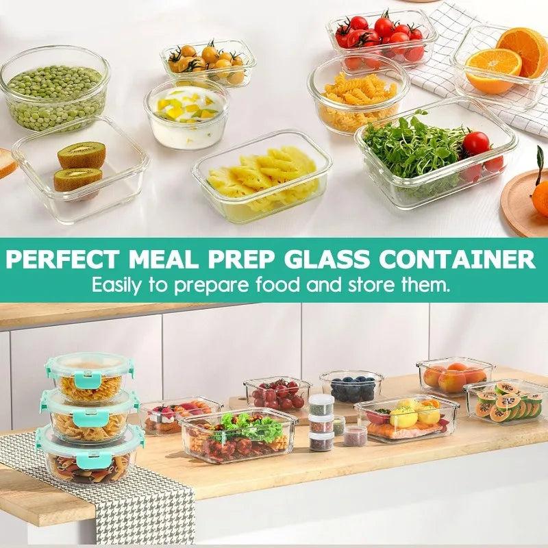 34pcs Glass Food Storage Containers with Lids Set, Airtight Glass Meal Prep Containers ,Leak Proof Lunch Containers BPA-Free