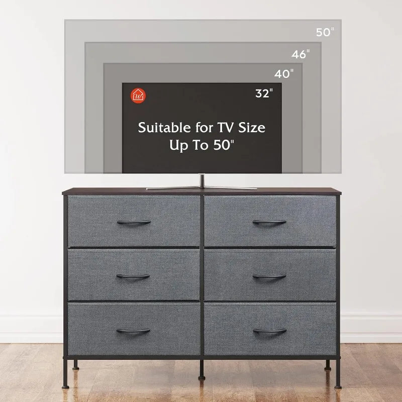 Wide Dresser with 6 Drawers, TV Stand for 50" TV, Entertainment Center with Metal Frame, Wooden Top, Fabric Storage Dresser for