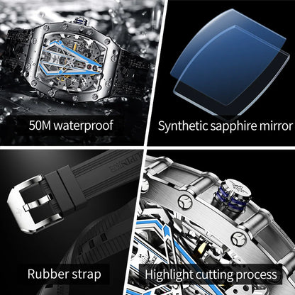 OUPINKE Men's Watches Top Brand Skeleton Tonneau Automatic Mechanical Original Watch for Man 50m Waterproof Luminous Sapphire