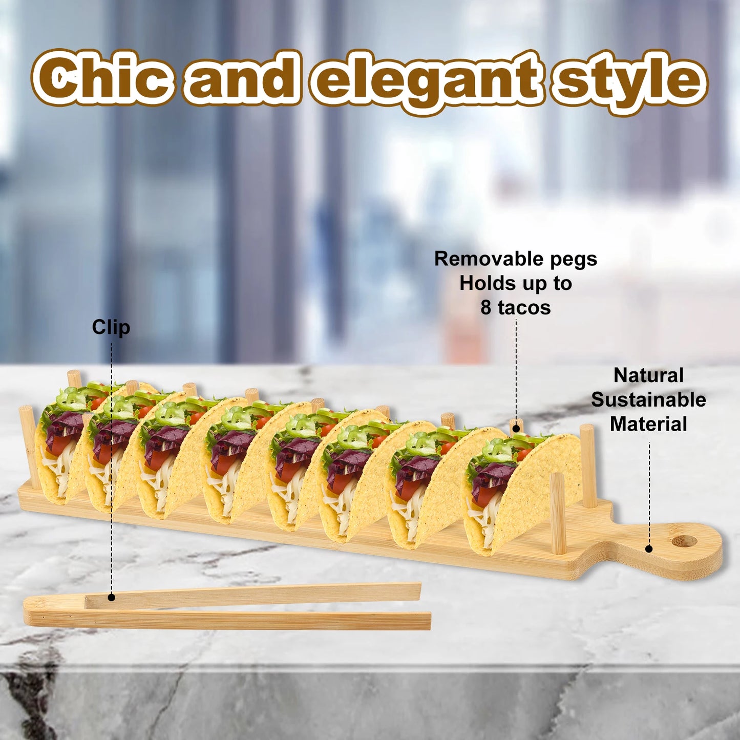 2pcs Bamboo Taco Tray with Tong Rectangular Taco Holder Holds 8 Soft or Hard Shell Tacos Large Taco Holder Stand Multipurpose