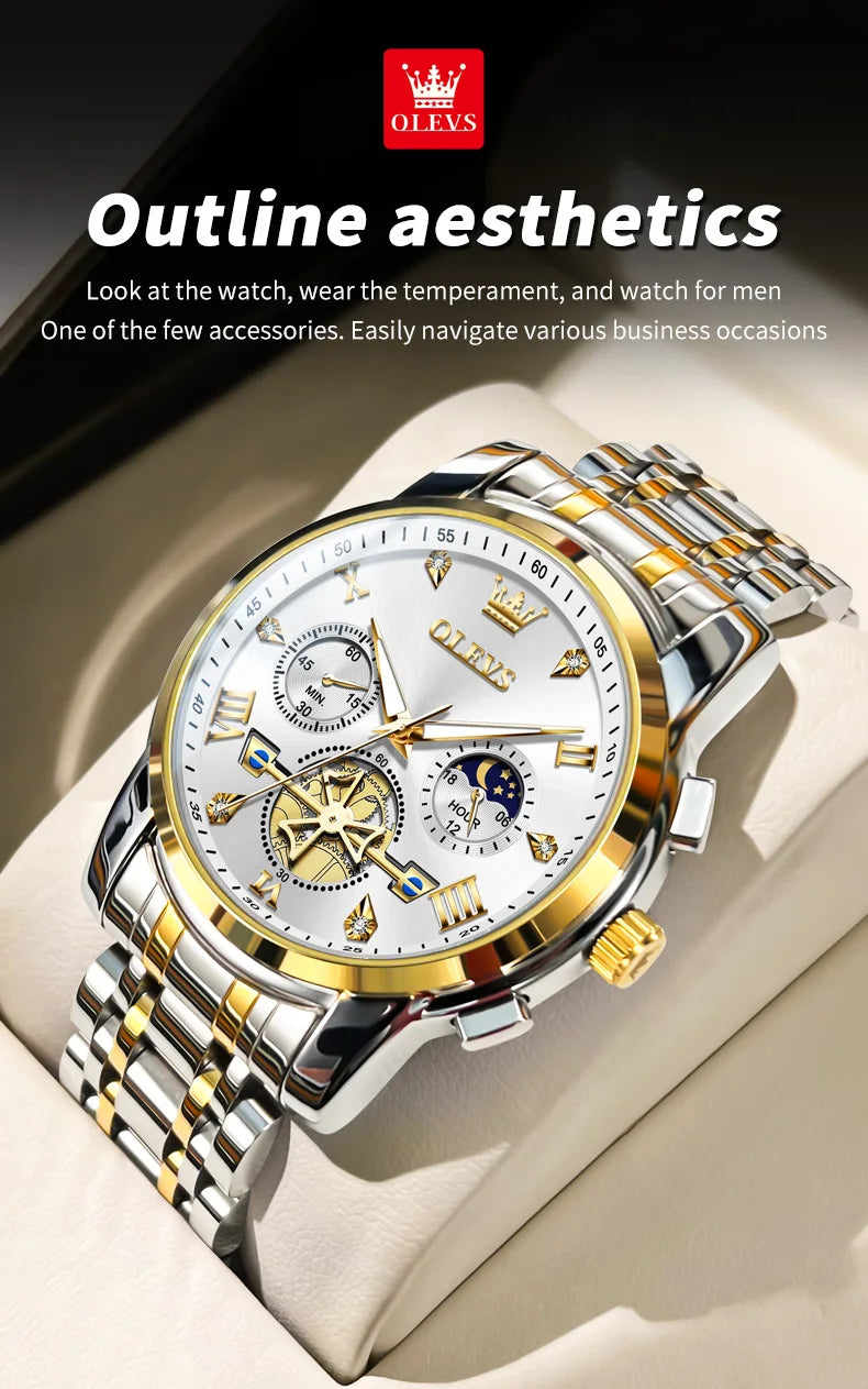 OLEVS 2856 New Men's Watches Luxury Classic Flywheel Design Waterproof Chronograph Moon Phase 24 Hour Quartz Wrist Watch for Men