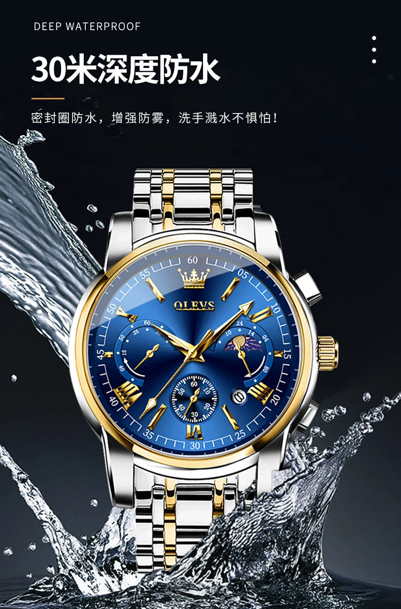 OLEVS Brand Original certification Men's Watches Moon Phase Waterproof Quartz Watch for Man Chronograph Calendar Fashion Watch