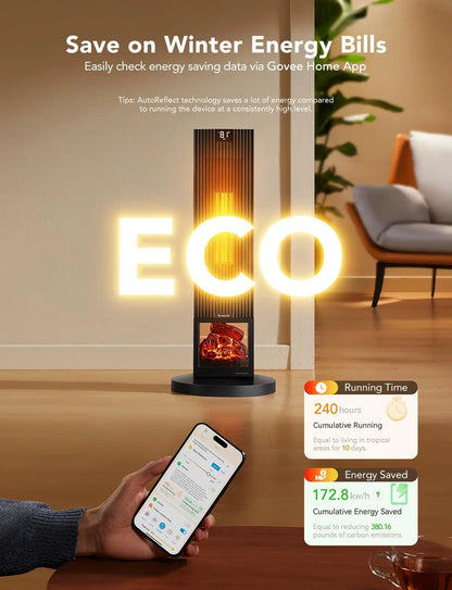 Smart Space Heater Max for Indoor Use, 80°Oscillation, Night Light, 1500W Fast Heating with Thermostat, 24H Timer