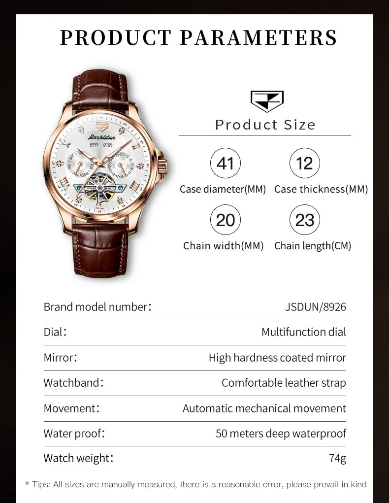 JSDUN Luxury Men's Watches Top Brand Automatic Mechanical Wrist Watch for Man Waterproof Leather Strap Luminous Business Dress