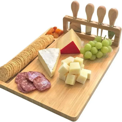 Bamboo Cheese Board with Cheese Knife, Fork, and Scoop