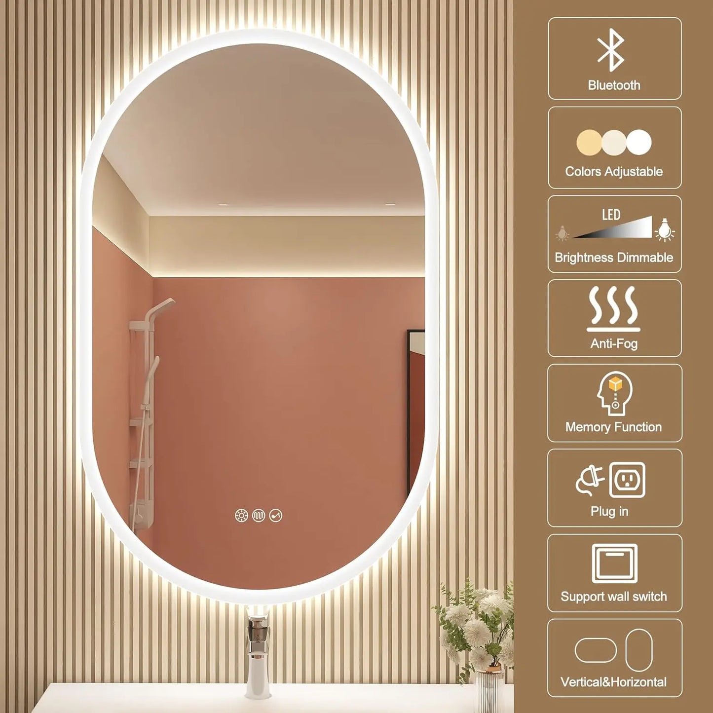 LED-Bathroom-Mirror Wall-Mounted with Bluetooth Speaker, 3 Color Waterproof