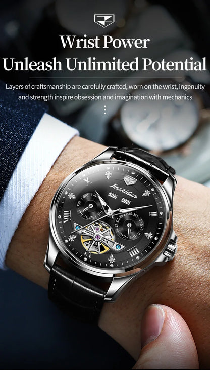 JSDUN Luxury Men's Watches Top Brand Automatic Mechanical Wrist Watch for Man Waterproof Leather Strap Luminous Business Dress