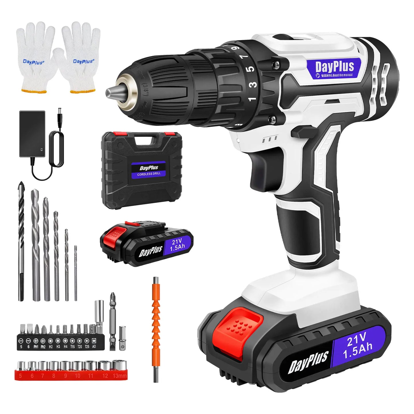 21V Portable Cordless Power Drill Set Impact Screw Driver with 1500mAh Li-Ion Rechargeable Battery 25+1 Torque Setting 45N.m