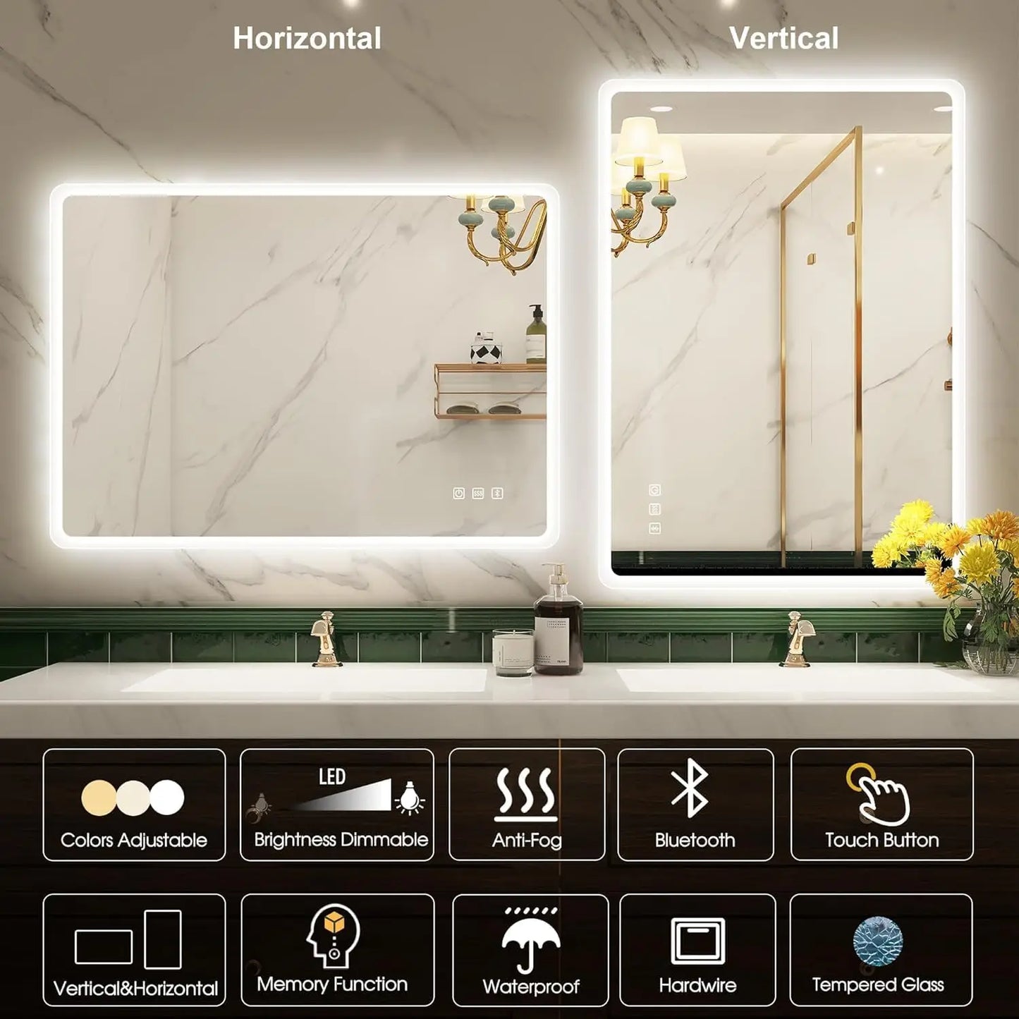 LED-Bathroom-Mirror Wall-Mounted with Bluetooth Speaker, 3 Color Waterproof