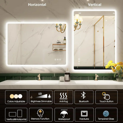 LED-Bathroom-Mirror Wall-Mounted with Bluetooth Speaker, 3 Color Waterproof