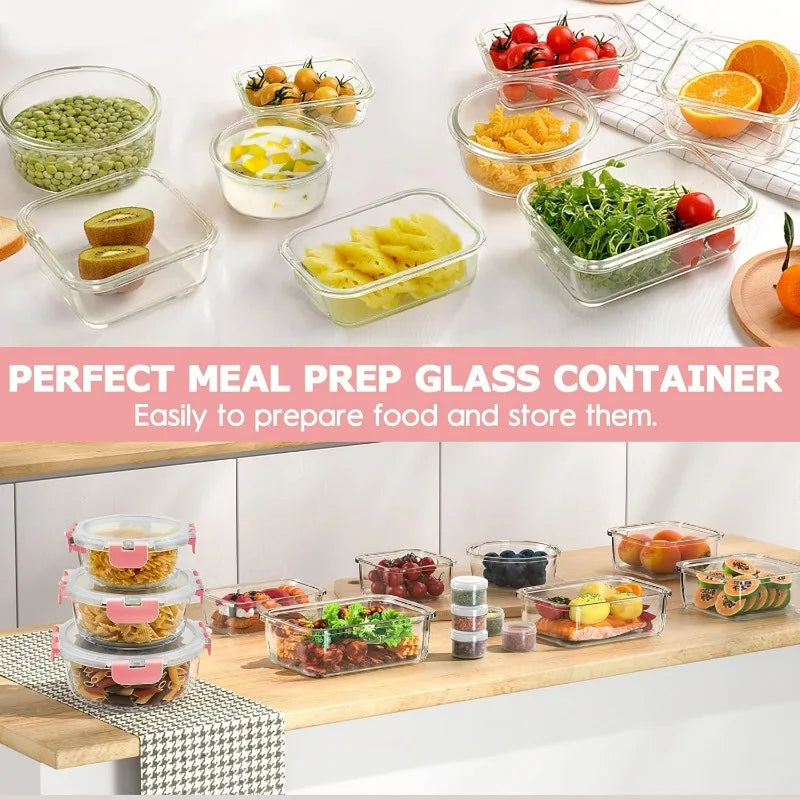 34pcs Glass Food Storage Containers with Lids Set, Airtight Glass Meal Prep Containers ,Leak Proof Lunch Containers BPA-Free