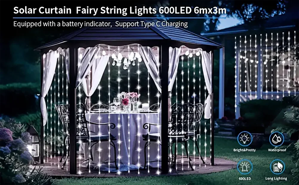 Solar Curtain String Lights 8 Lighting Modes 300Leds Outdoor Garden Yard