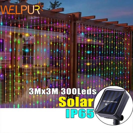 Solar Curtain String Lights 8 Lighting Modes 300Leds Outdoor Garden Yard