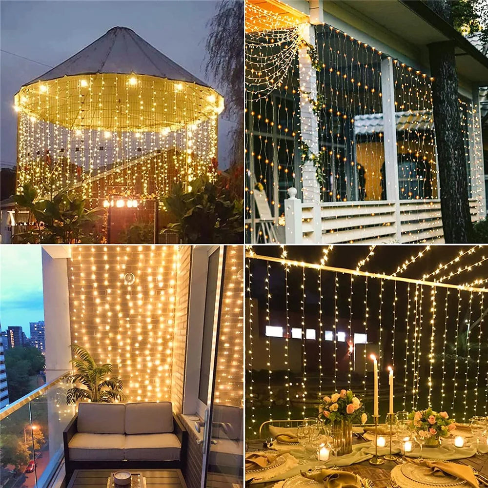 Solar Curtain String Lights 8 Lighting Modes 300Leds Outdoor Garden Yard