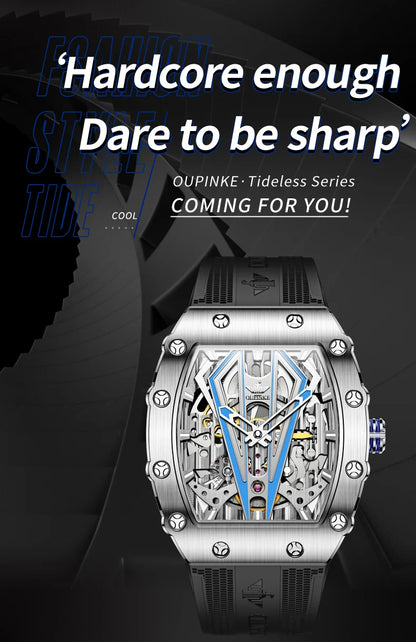 OUPINKE Men's Watches Top Brand Skeleton Tonneau Automatic Mechanical Original Watch for Man 50m Waterproof Luminous Sapphire