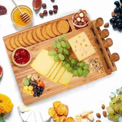 Bamboo Cheese Board with Cheese Knife, Fork, and Scoop