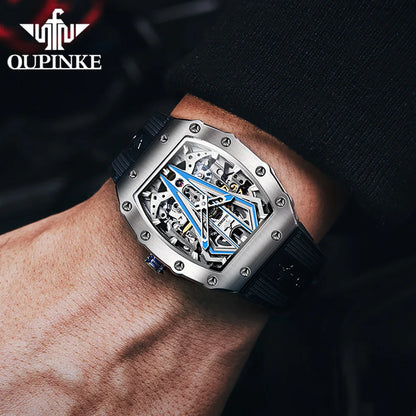 OUPINKE Men's Watches Top Brand Skeleton Tonneau Automatic Mechanical Original Watch for Man 50m Waterproof Luminous Sapphire