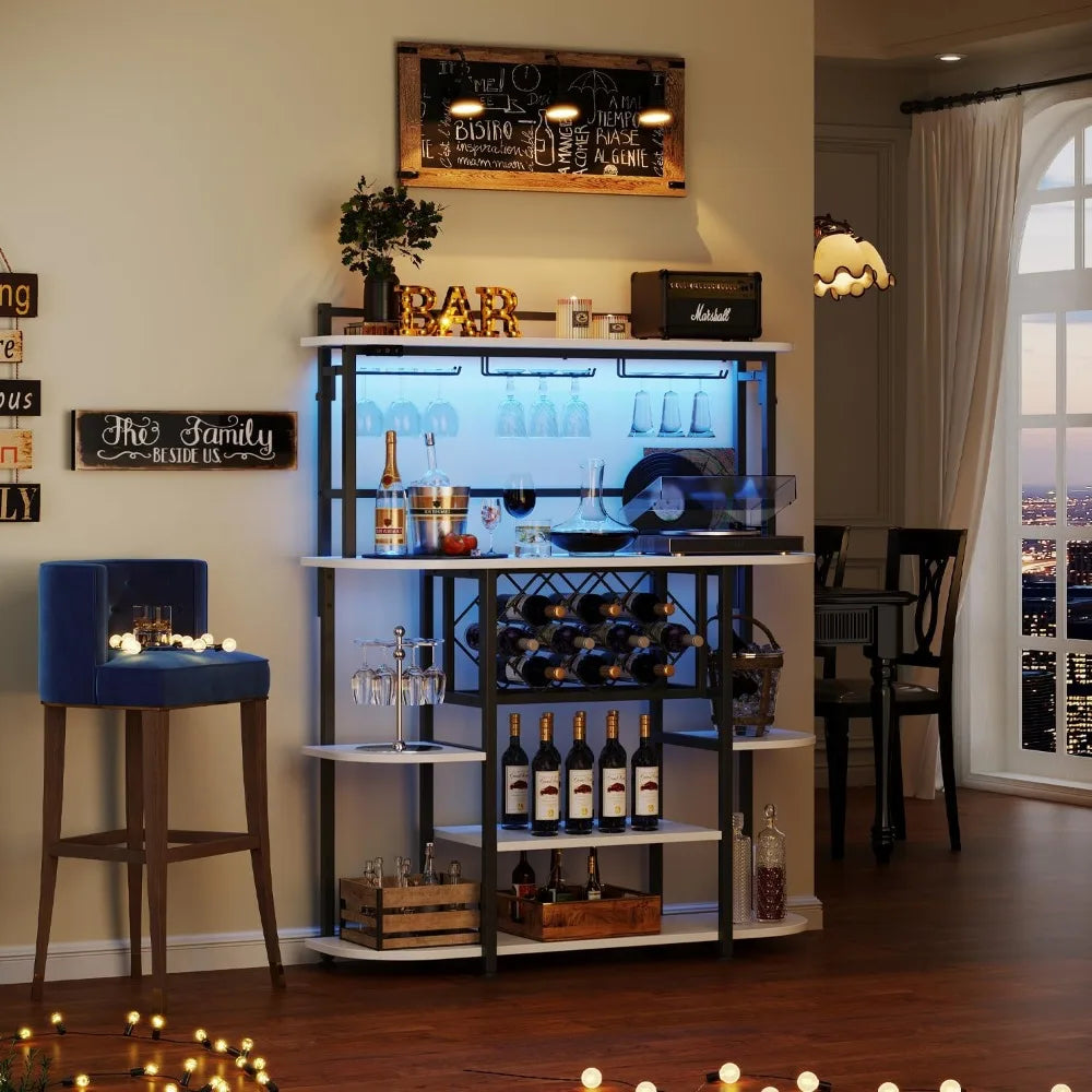 Wine Rack with LED Light, Bar Table Cabinet with Glass Holder, Freestanding Coffee Bar Storage Shelves, 5-Tier Liquor Cabinet