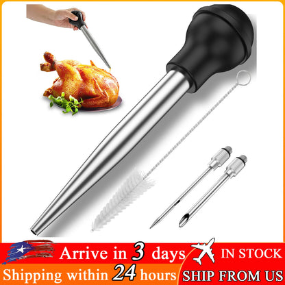 Turkey Baster Set of 4 Stainless Steel Syringe Meat Marinade Injector Needle with 2 Needles Silicone Bulb and Cleaning Brush