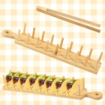 2pcs Bamboo Taco Tray with Tong Rectangular Taco Holder Holds 8 Soft or Hard Shell Tacos Large Taco Holder Stand Multipurpose