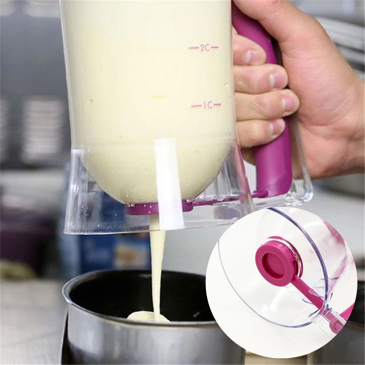 Batter Separator Pancake Dispenser with Measuring Label and Squeeze Handle Bracket Cookie Cake Waffles Baking Accessories