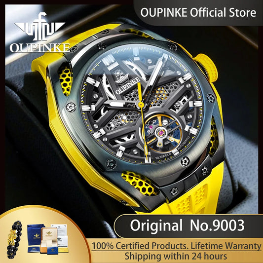 OUPINKE 9003 Hollow Automatic Mechanical Watch For Men Skeleton Flywheel Sport Men's Watches Silicone Strap Original Hand Clock