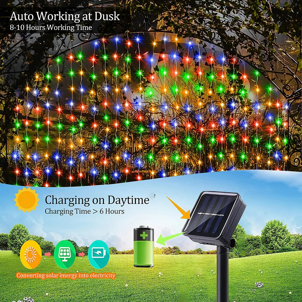 Solar Curtain String Lights 8 Lighting Modes 300Leds Outdoor Garden Yard