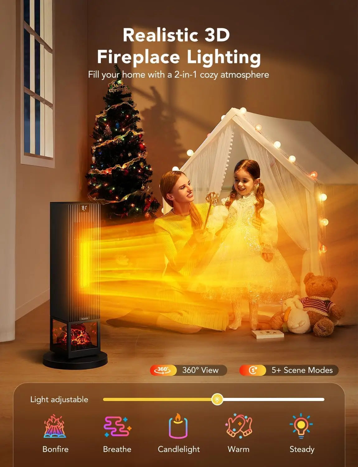 Smart Space Heater Max for Indoor Use, 80°Oscillation, Night Light, 1500W Fast Heating with Thermostat, 24H Timer