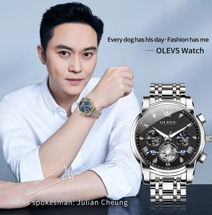 OLEVS 2856 New Men's Watches Luxury Classic Flywheel Design Waterproof Chronograph Moon Phase 24 Hour Quartz Wrist Watch for Men