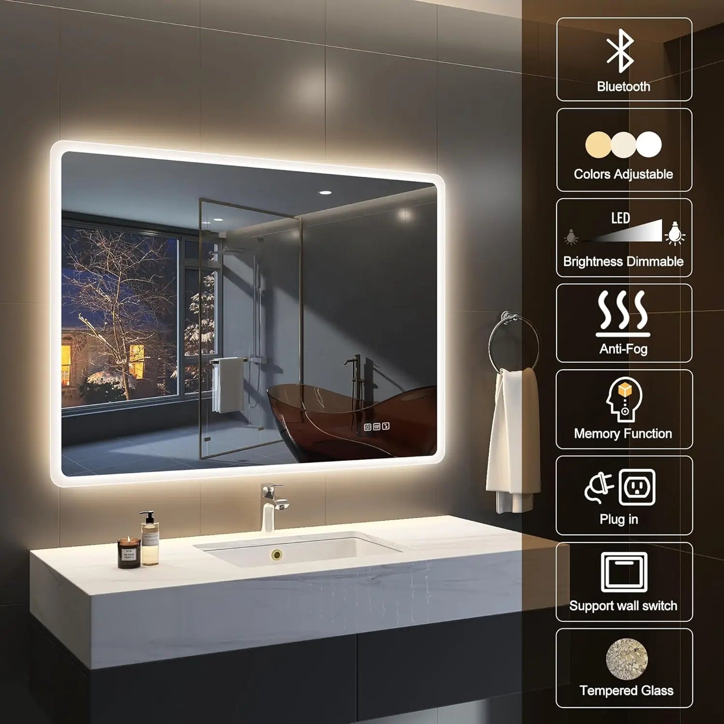 LED-Bathroom-Mirror Wall-Mounted with Bluetooth Speaker, 3 Color Waterproof