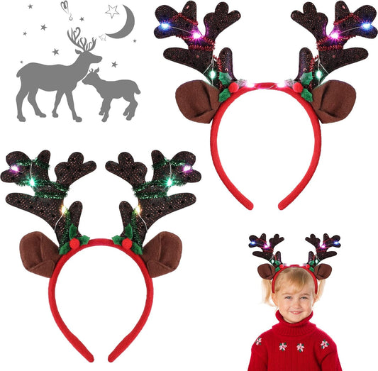 2 Pieces Christmas Headbands Glowing Costume Headwear Accessories Hair Hoop with 3D Designs for Holiday Party