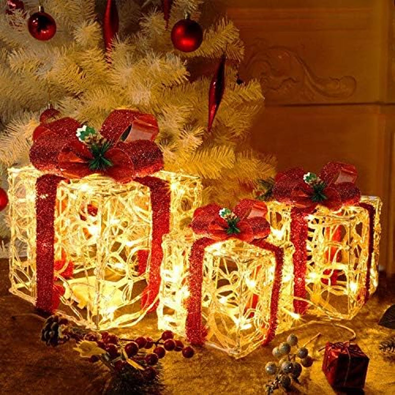 Set of 3 Lighted Gift Boxes Christmas Decorations, Clear Acrylic Pre-Lit Present Boxes, Christmas Home Gift Box Decorations